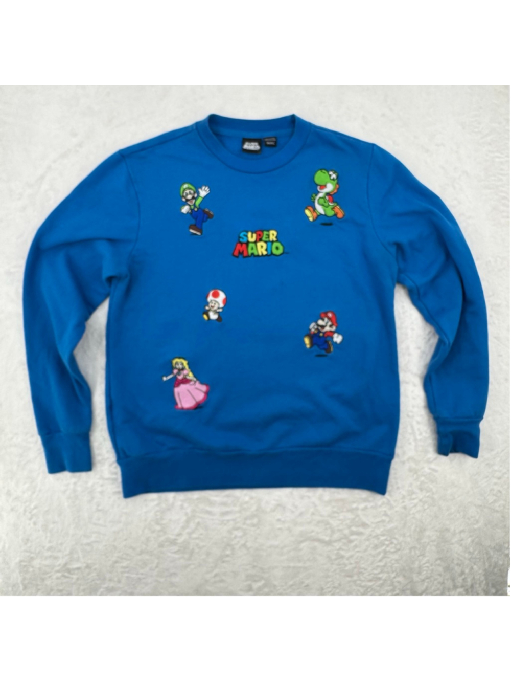 Super Mario Sweatshirt Embroidered Characters All Over Blue Crewneck Size Small
